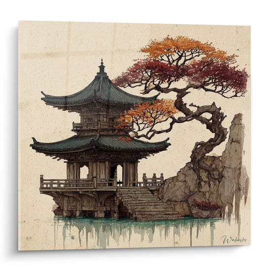 tableau temple asiatique pagode sur l'eau avec erable rouge automne reflet zen decoration orientale