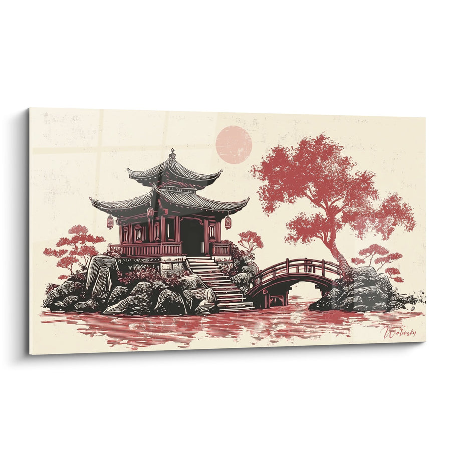 Tableau Temple Asiatique Rouge et Noir sur Fond Beige - Sérénité Orientale - Edition Pagode