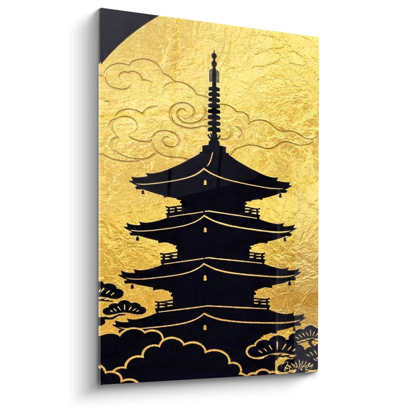 Schilderij Gouden Pagode Zwart Silhouet op Gouden Achtergrond - Gouden Sereniteit - Boeddhistische Tempel Editie