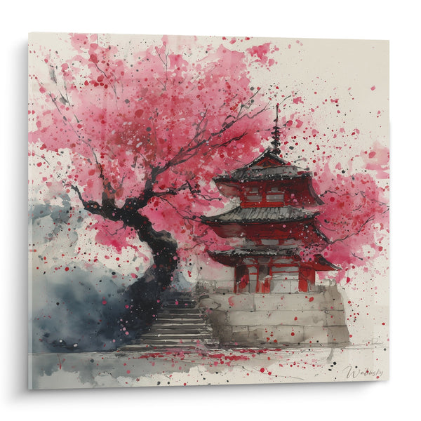 Schilderij rode tempel en kersenbloesems roze aquarel - Florale harmonie - Pagode Editie