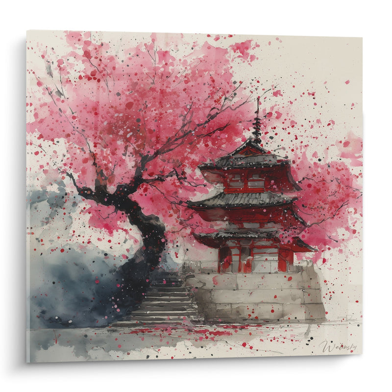 Red Temple & Blooming Cherry Blossom Watercolor Wall Art - Floral Harmony - Pagoda Edition