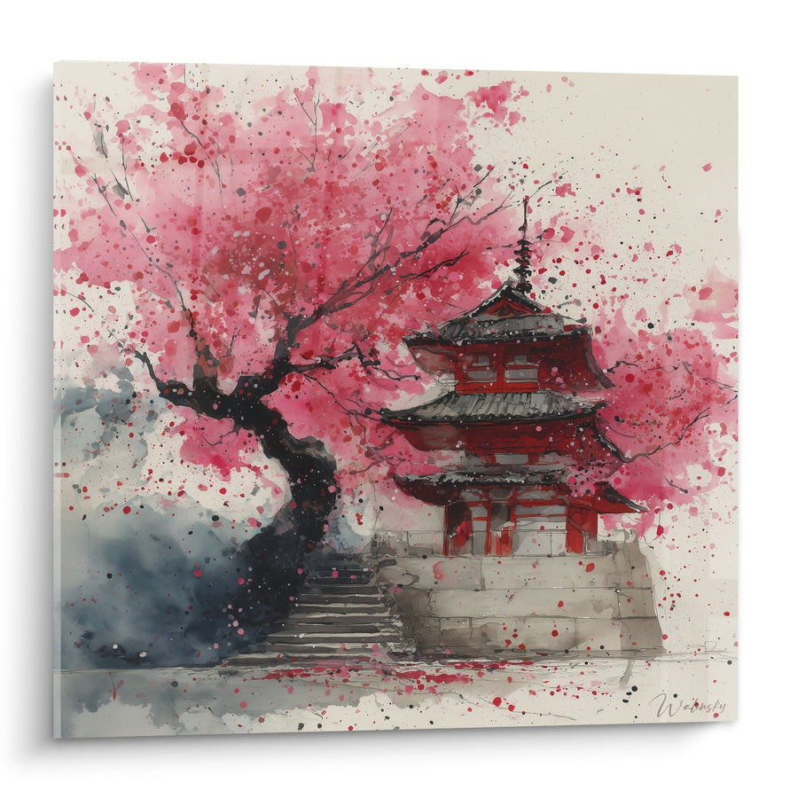 Tableau temple rouge et cerisier en fleurs roses aquarelle - Harmonie florale - Edition Pagode