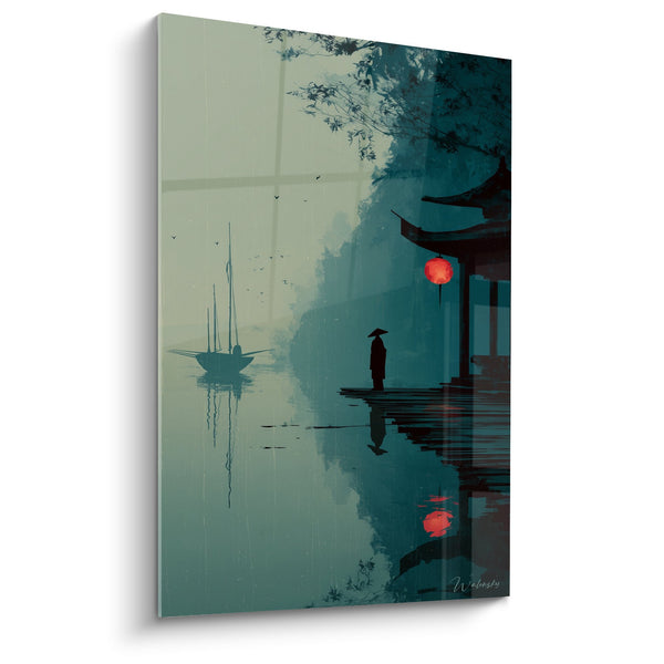 Temple Silhouette Wall Art with Red Lantern and Boat on Calm Water - Aquatic Meditation - Pagoda Edition