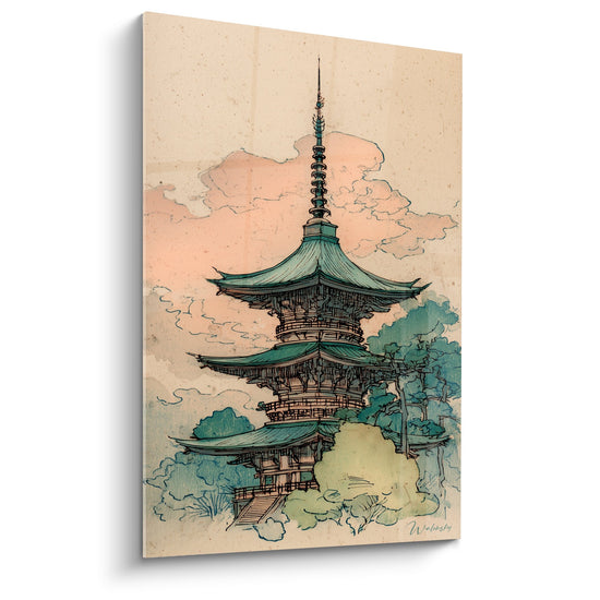 Tableau pagode traditionnelle trois étages toitures turquoise nuages roses beige style aquarelle art oriental