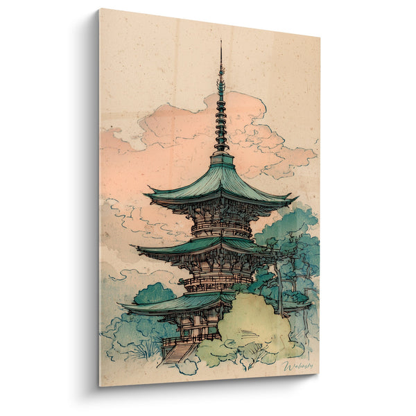 Schilderij Traditionele Pagode met Drie Verdiepingen en Pastel Wolken - Oost-Europese Architectuur - Editie Pagode