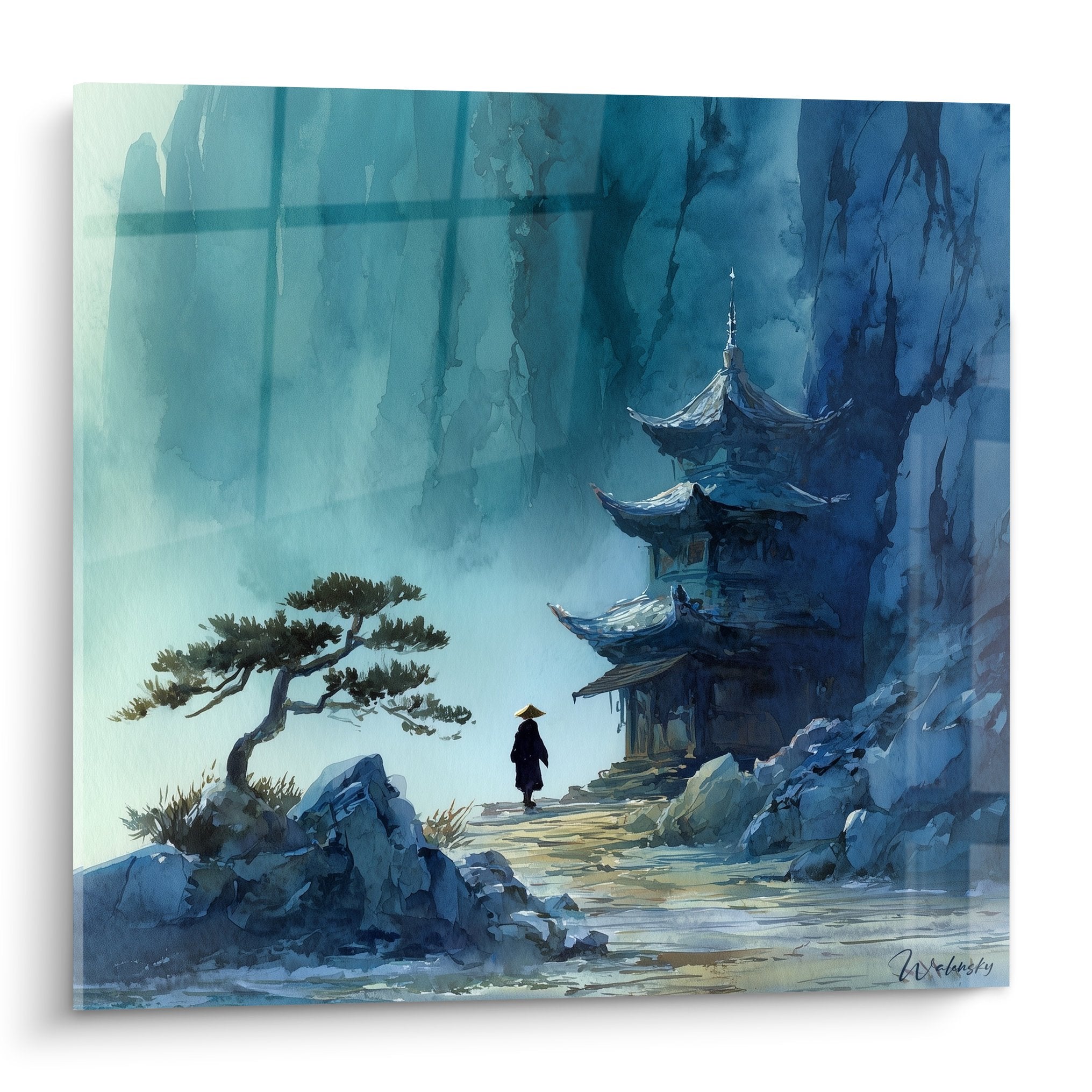 tableau pagode zen montagne brume bleue moine meditation sanctuaire spirituel architecture asiatique