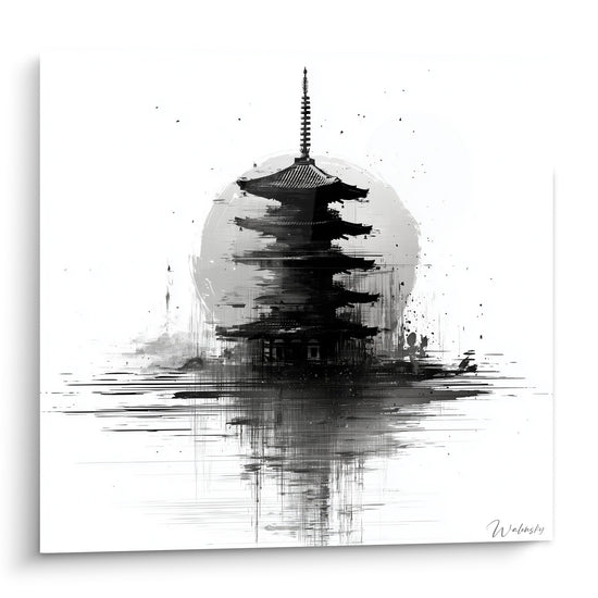 Tableau pagode traditionnelle asiatique en reflets aquarellés noir et blanc avec coulures d'encre artistiques