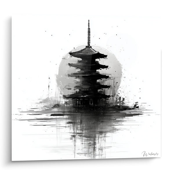 Pagodetabel Traditioneel in Aquarelreflecties Zwart Wit - Zen Rust - Editie Pagode