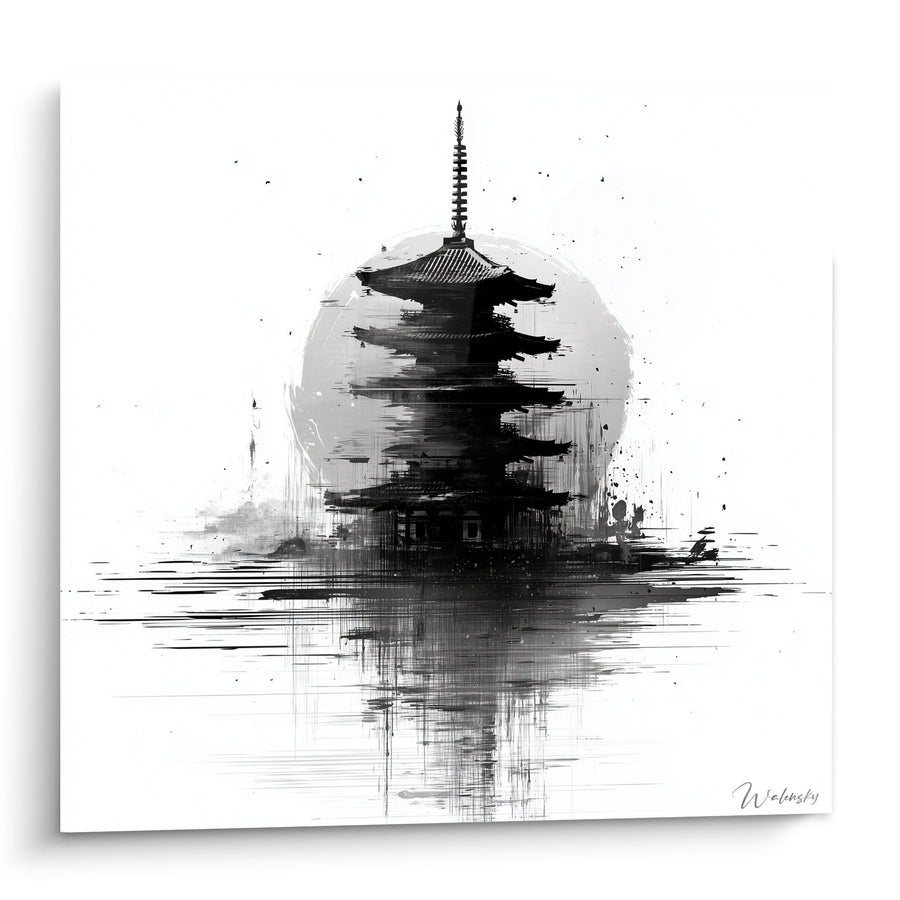 Tableau Pagode Traditionnelle en Reflets Aquarellés Noir et Blanc - Sérénité Zen - Edition Pagode