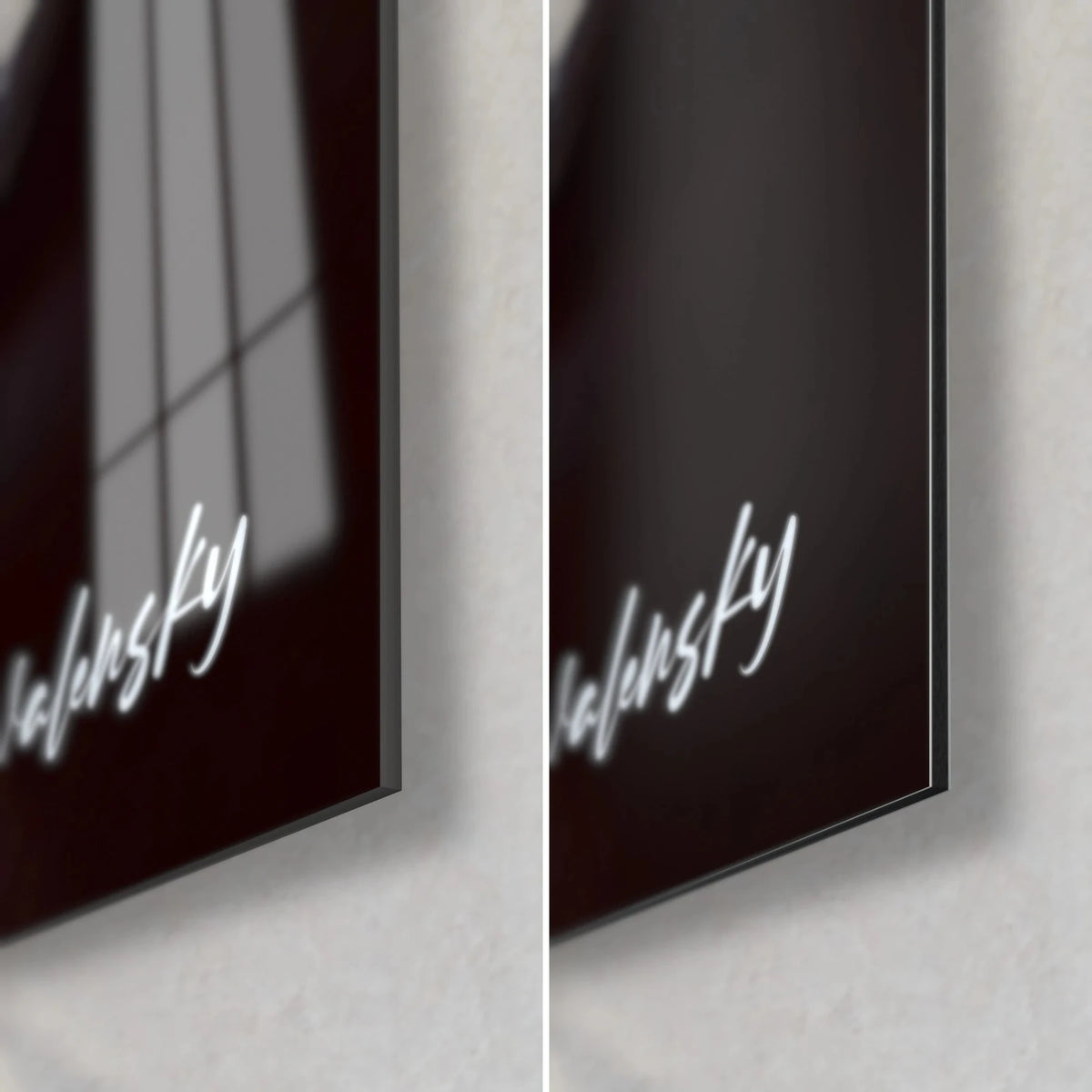 Wall art Buddha with white swirls, bottom right corner: glossy glass on the left, matte black Dibond on the right, 3 mm edge thickness
