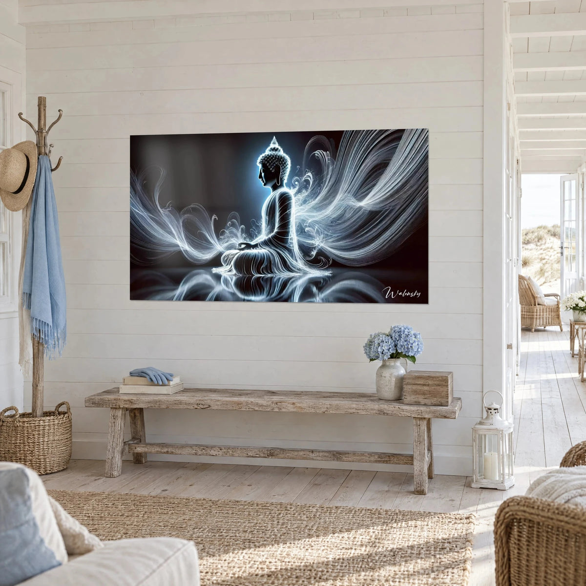 Wall art seated lotus-position silhouette encircled by silver swirls and a blue halo, shown in three-quarter view beside a bench