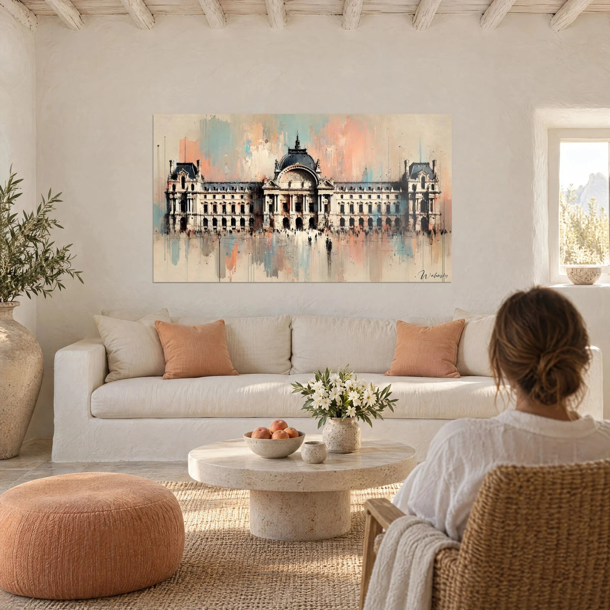 Wall art neoclassical palace with ink-wash shadows, coral and glacier blue drips, above a sofa in a bright living room