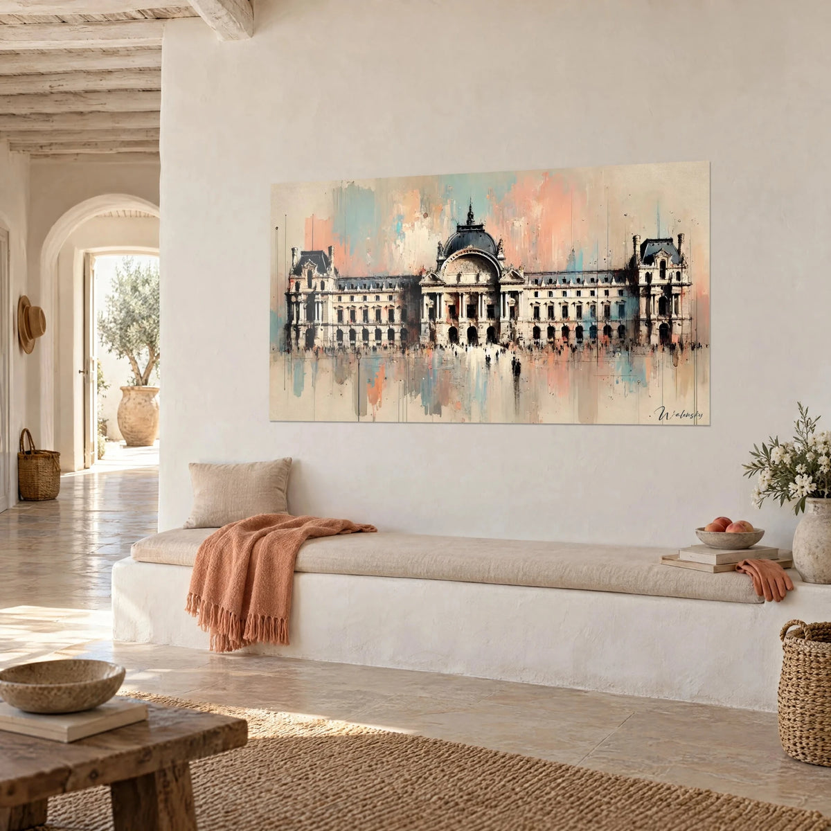 Wall art colonnaded facade under a slate-grey dome, salmon pink and pale turquoise backdrop, white wall of a Mediterranean house