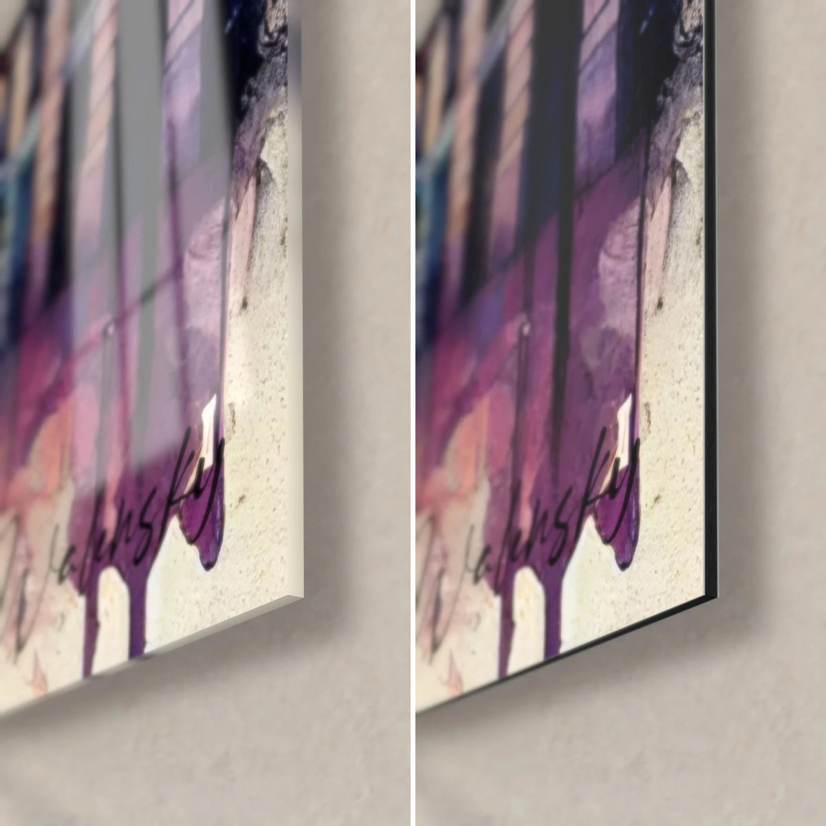 Wall art of a Parisian palace in watercolour, bottom right corner: glossy acrylic glass with reflections and matt Dibond aluminium, 3 mm black edge