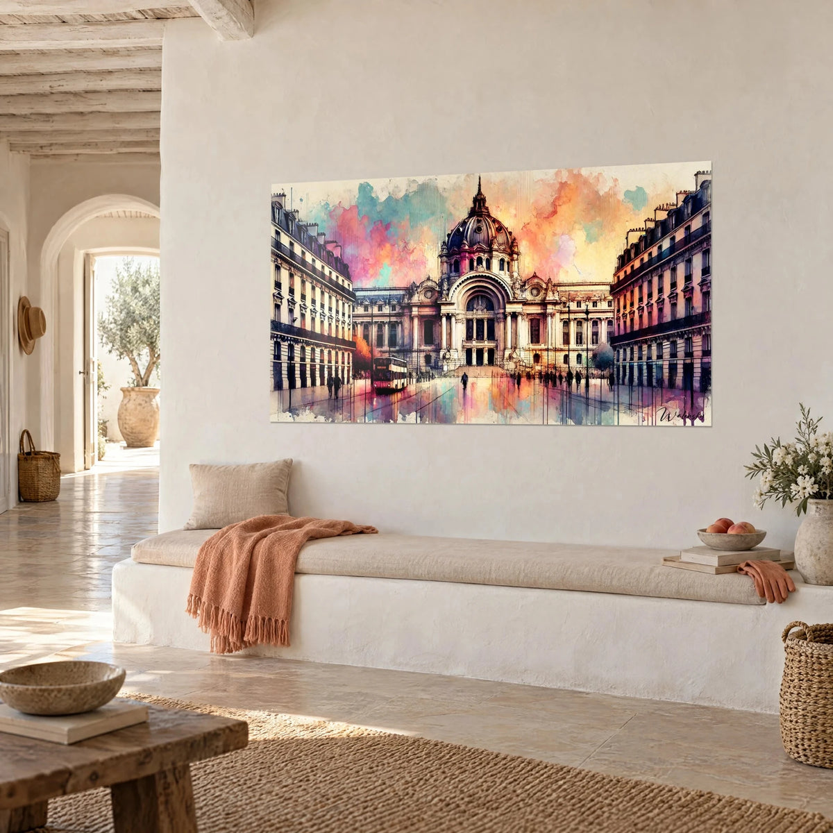 Wall art of a domed palace under orange and blue clouds, Haussmann street in perspective, pink bus, on a white wall of a Mediterranean house