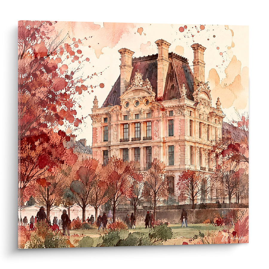Schilderij Palais oker en rood onder herfstbladeren - Herfstwandeling - Editie Palais des Tuileries Île-de-France