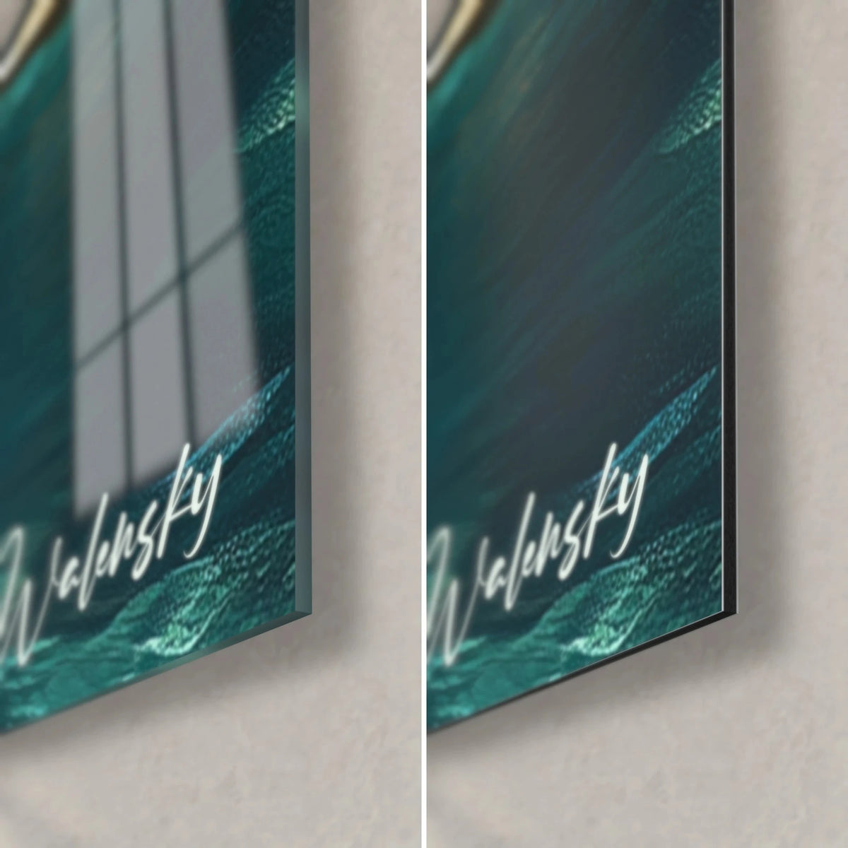 Wall art of a misty palace, bottom right corner: glossy glass with reflections and matt Dibond, turquoise water, white Walensky signature