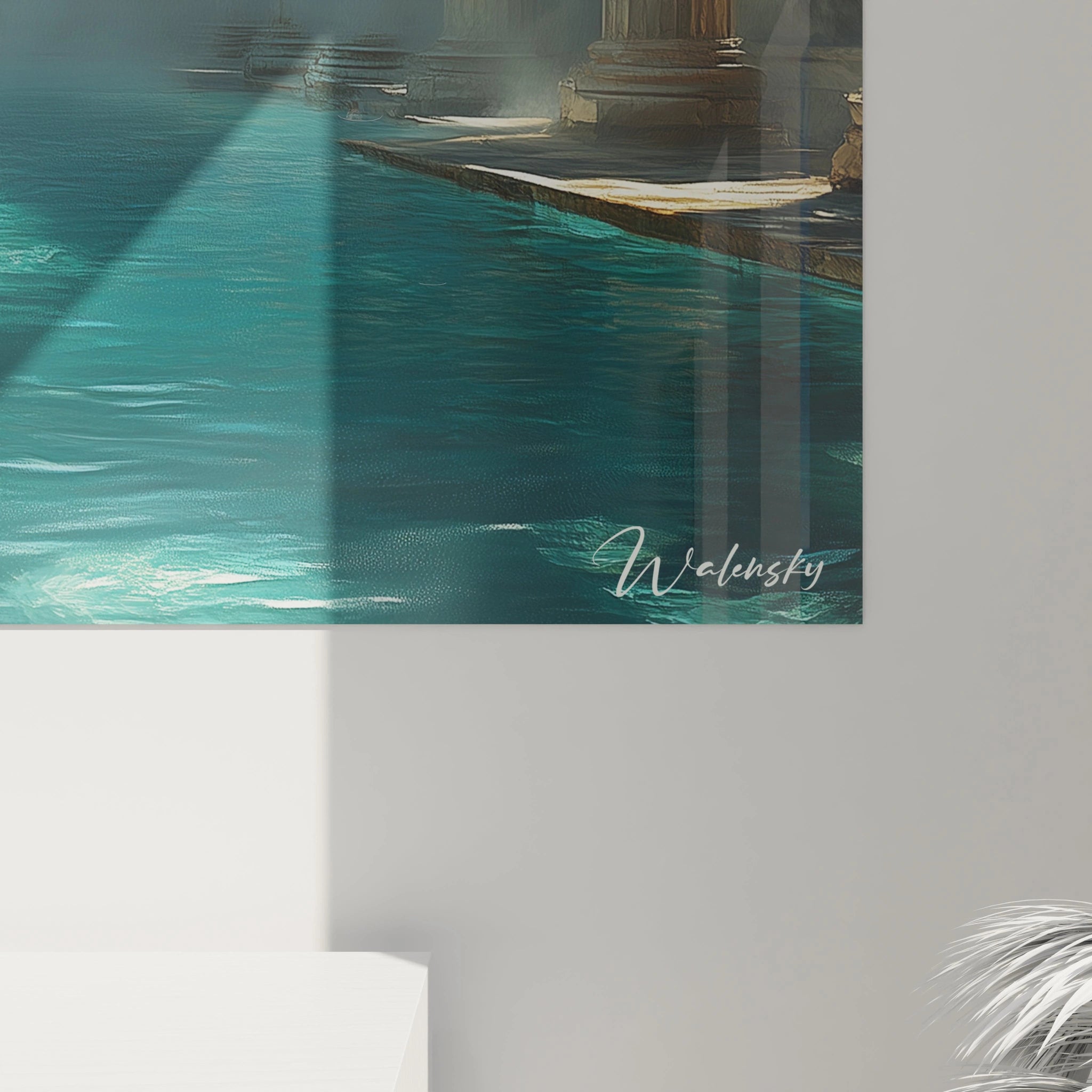 Un tableau de bains romains avec architecture néoclassique, dominé par des colonnes monumentales en pierre beige, un bassin central aux eaux turquoise scintillantes et des volutes de vapeur blanche, éclairé par une lumière douce venant du toit ouvert.
