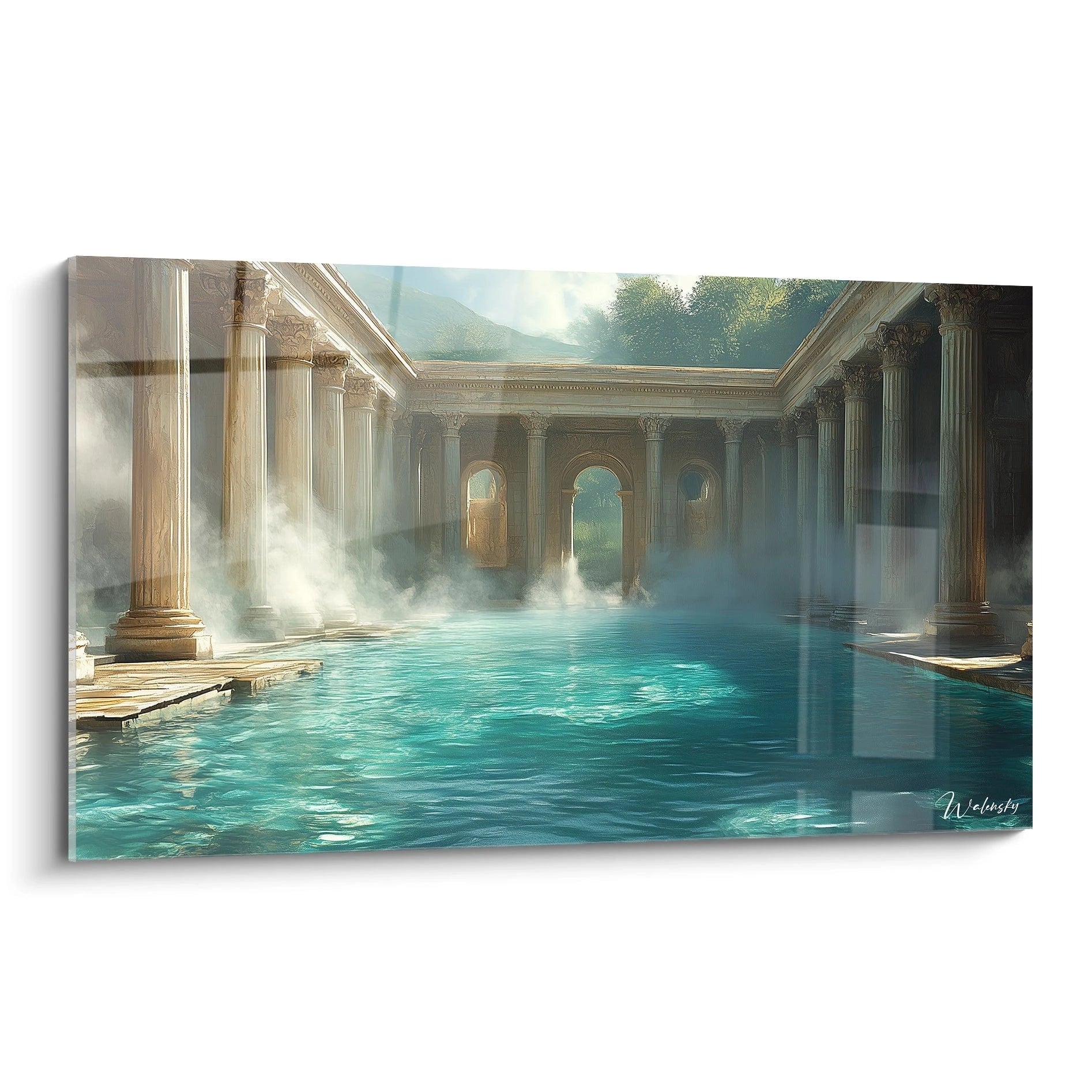Un tableau représentant des thermes romains antiques avec colonnes corinthiennes et bassin d'eau turquoise vaporeuse, baigné d'une lumière naturelle filtrant par une ouverture au plafond, créant une atmosphère mystique et sereine.
