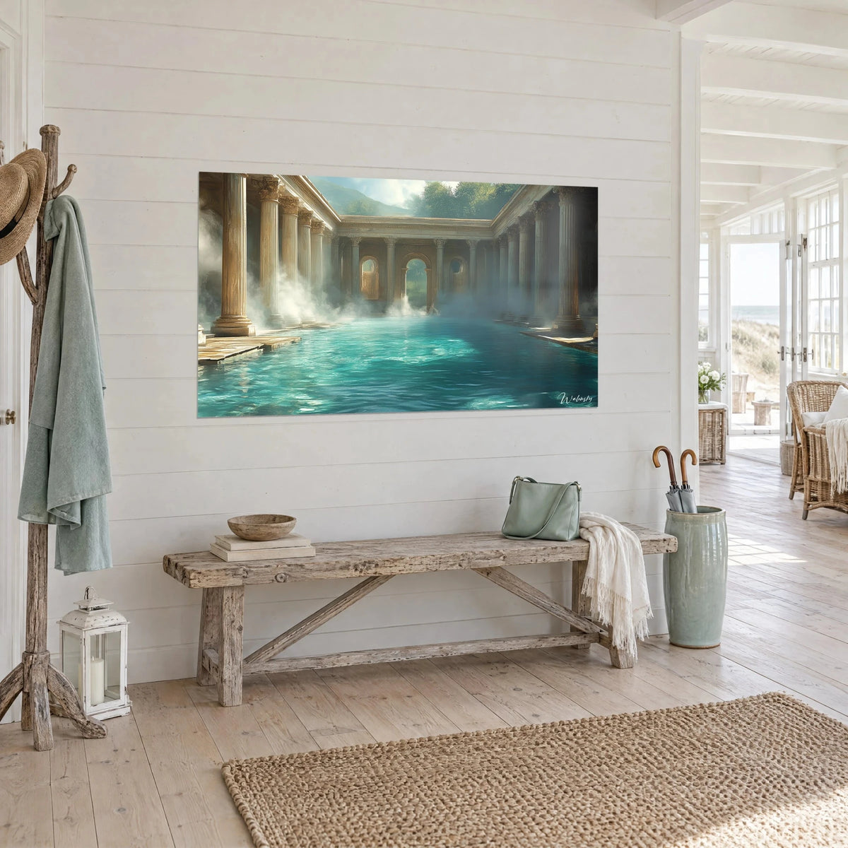 Wall art of a steaming Roman pool beneath ochre stone arches, emerald water and milky vapour, seaside house