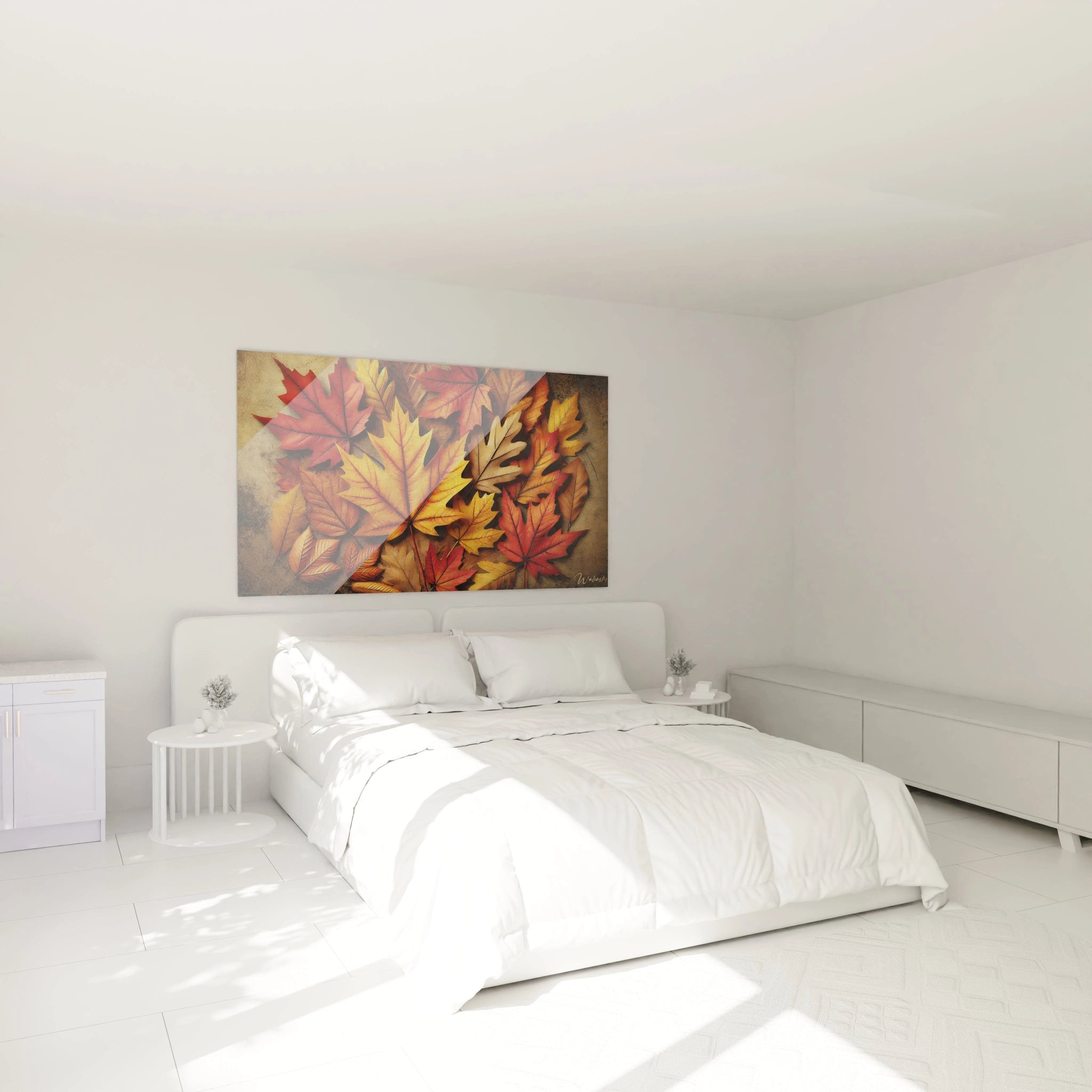 tableau Automne accroche au-dessus du lit, creant une ambiance apaisante et chaleureuse dans la chambre. Les tons rouges et dorés des feuilles evoquent les promenades en foret, ajoutant une touche naturelle au decor.

