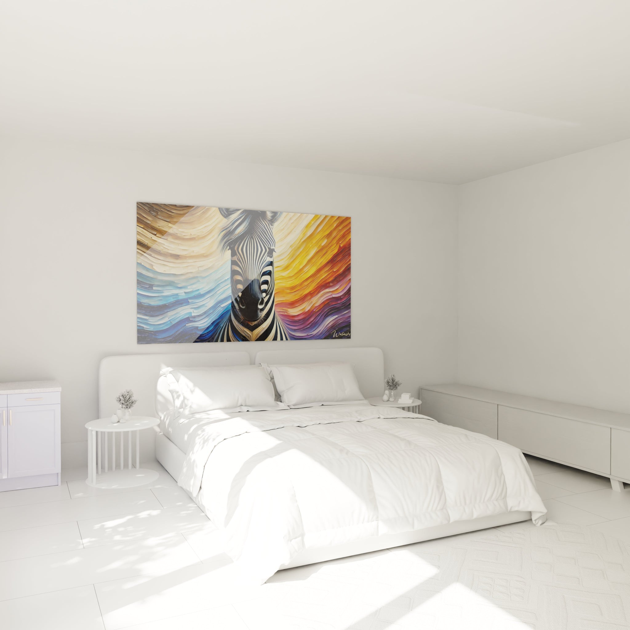 tableau zebre au mur dans une chambre au-dessus d’un lit alliant rayures noires et blanches et des teintes vives

