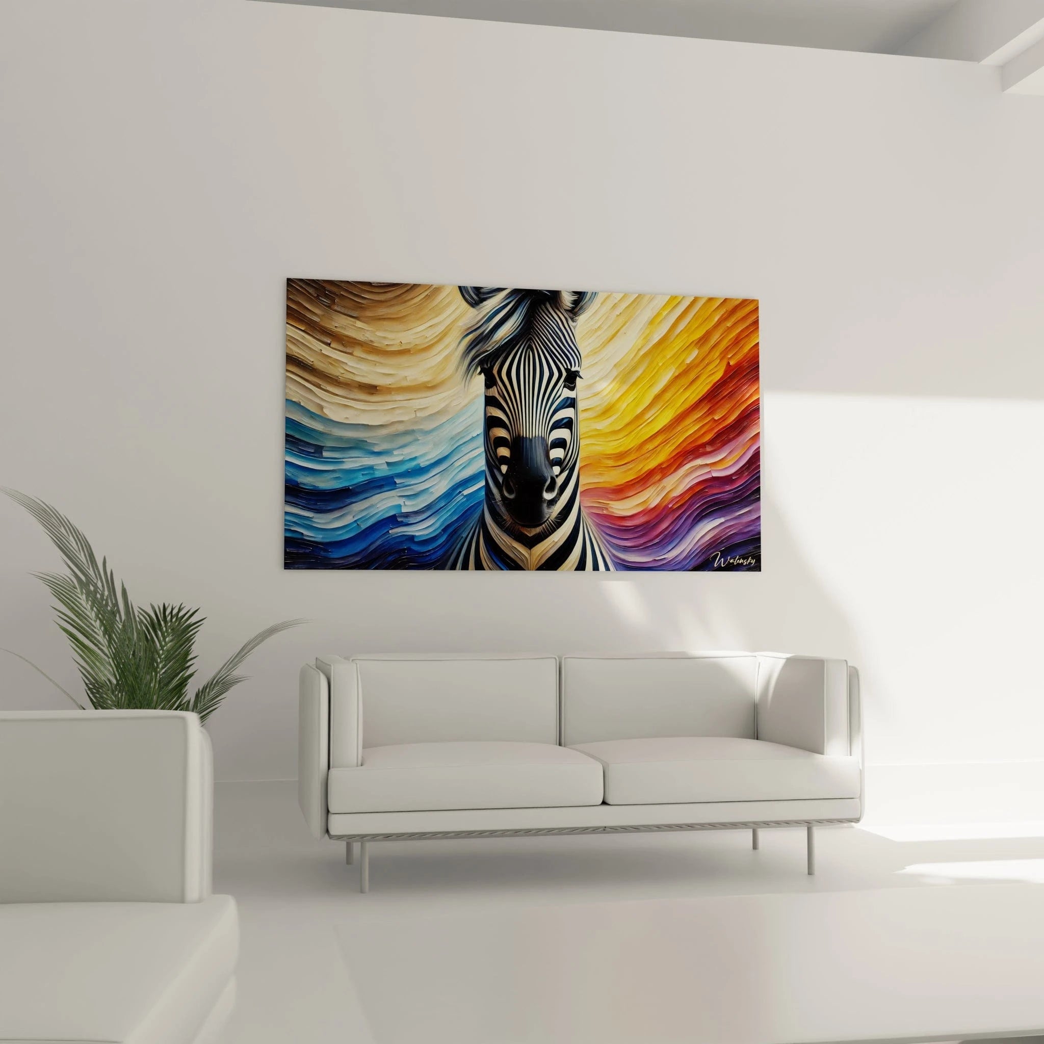 tableau zebre accroché au mur d’un salon au-dessus d’un canapé design contemporain avec un arrière-plan fluide et coloré

