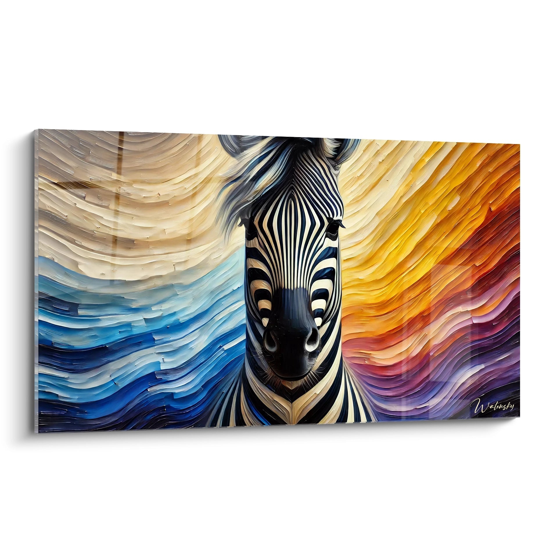 tableau zebre vu de biais avec des nuances de bleu jaune et beige sur fond abstrait rappelant un paysage onirique et vibrant

