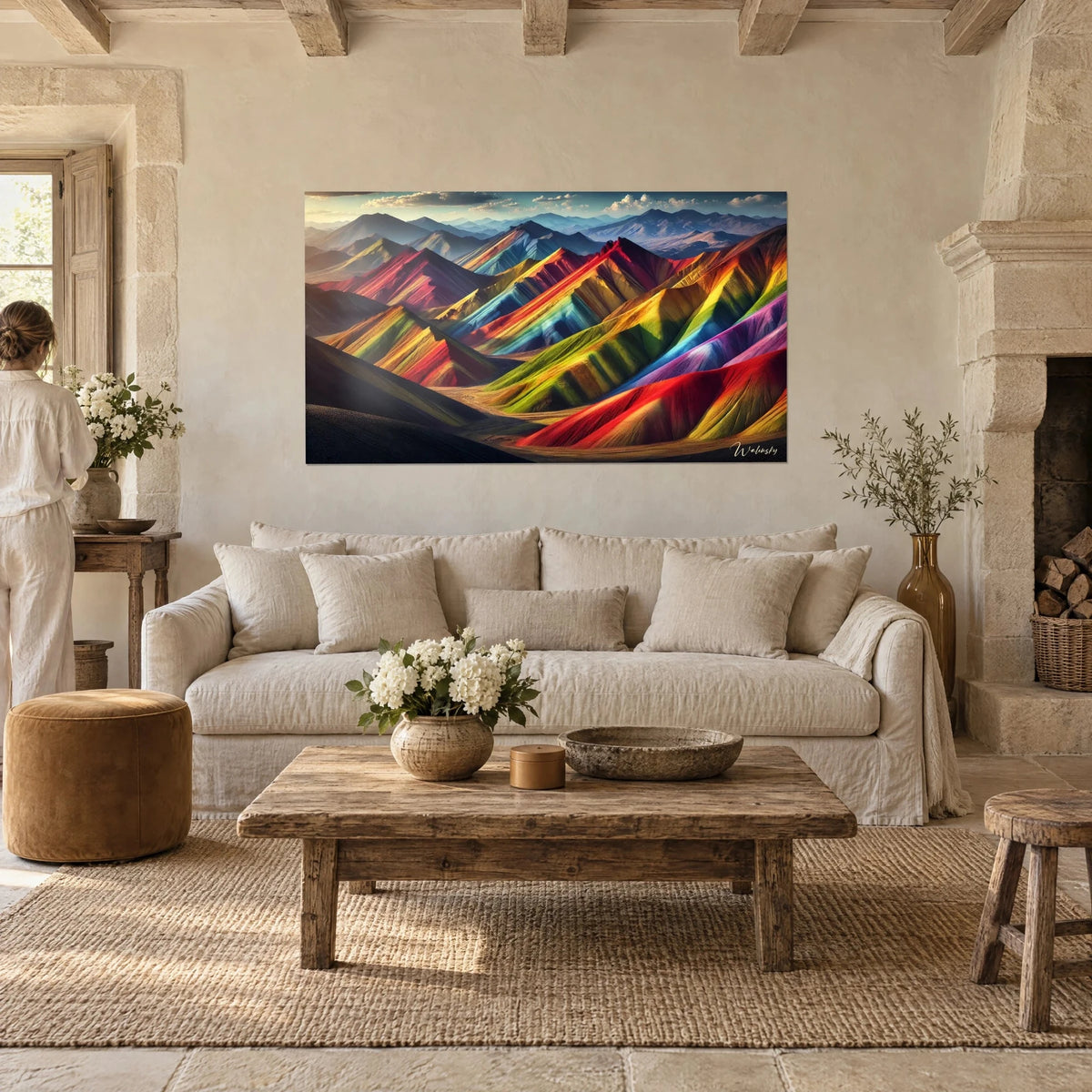 Tableau montagnes arc-en-ciel aux crêtes rouges et vertes, deux personnes de dos, au-dessus d'un canapé dans un salon lumineux