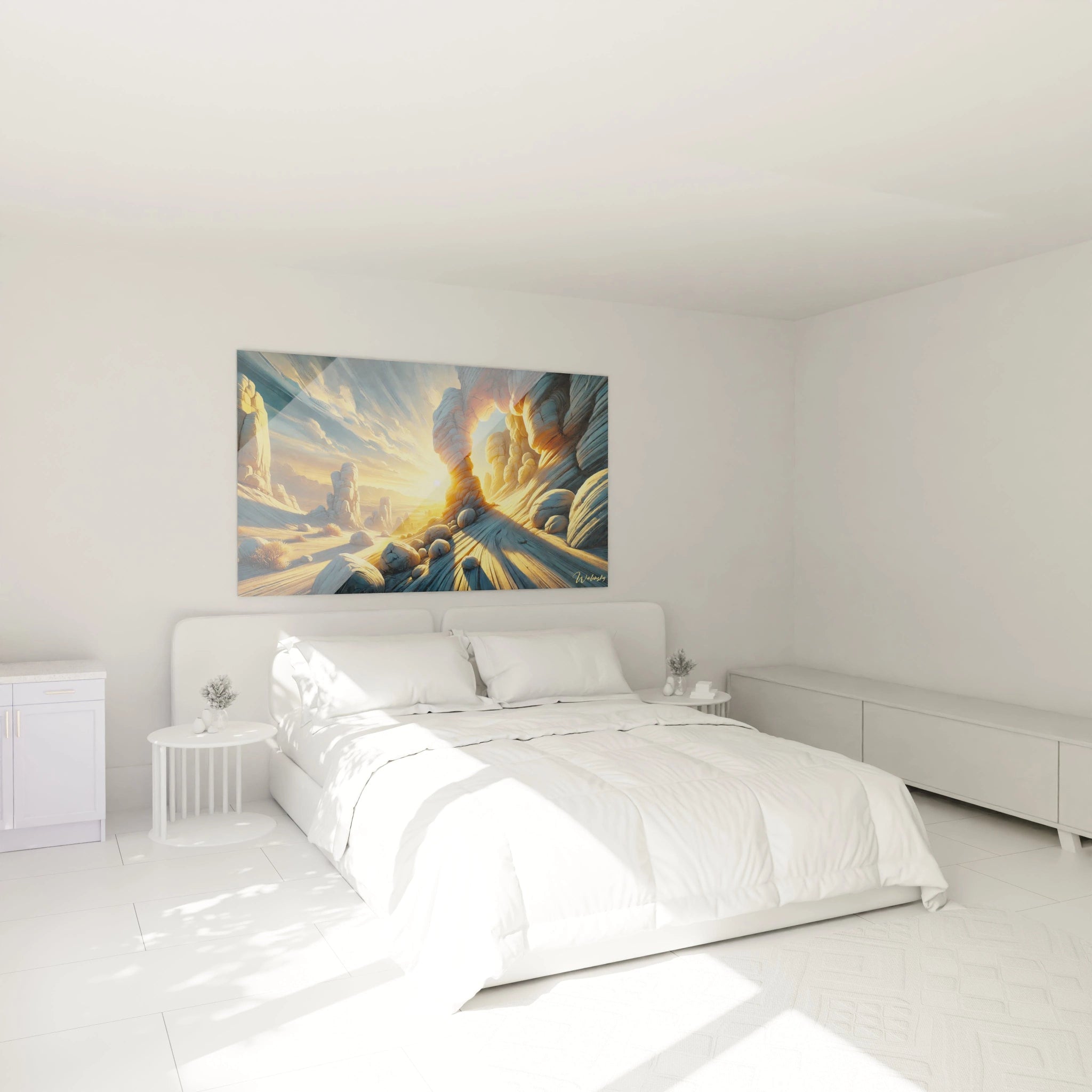 Ce tableau Coucher de Soleil embellit votre chambre en accrochant au-dessus du lit. Les nuances de jaune et orange réchauffent l'ambiance et évoquent la tranquillité du crépuscule.

