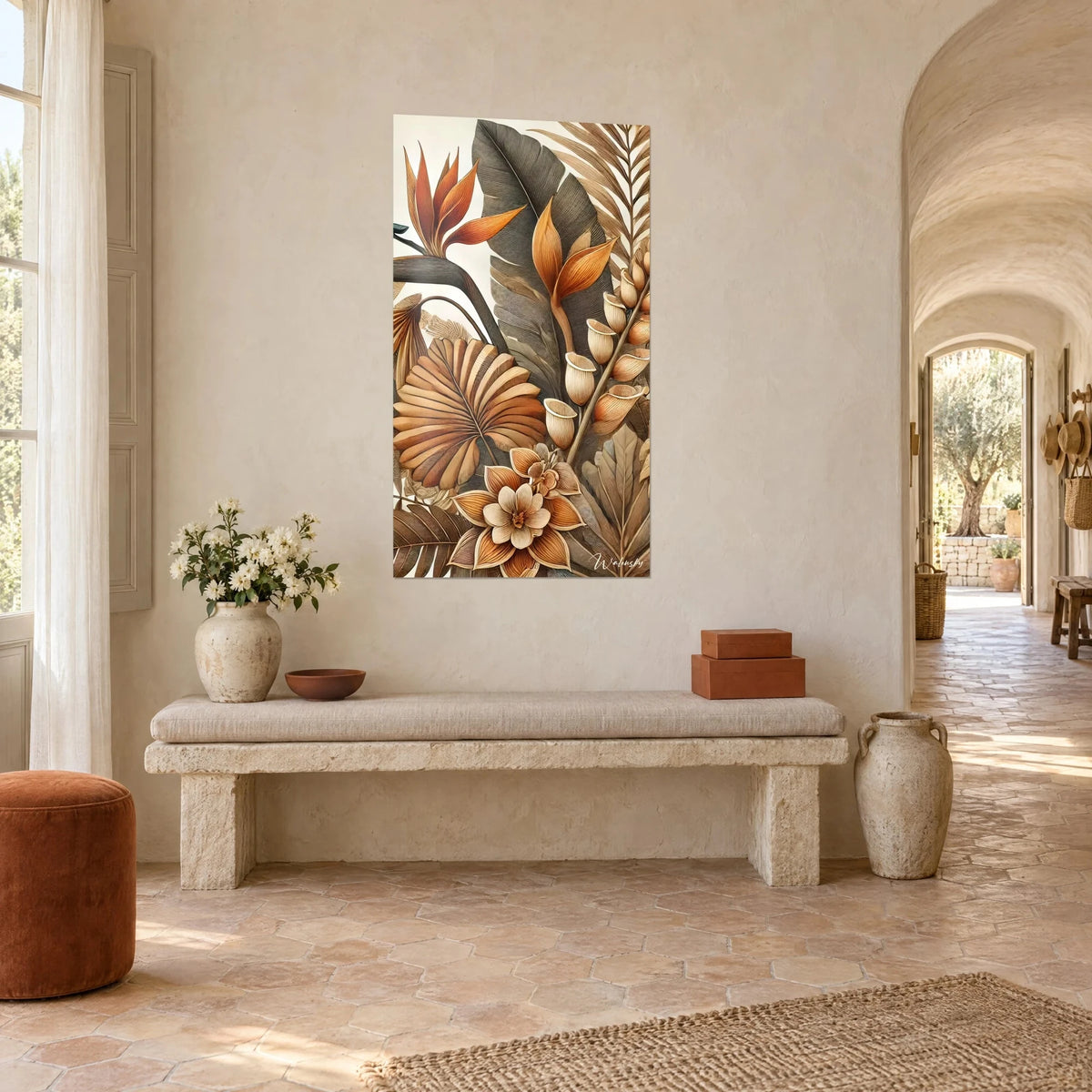Wall art with orange bird of paradise and beige fan palm leaf, cream flower with ochre heart, three-quarter view in a Provençal farmhouse
