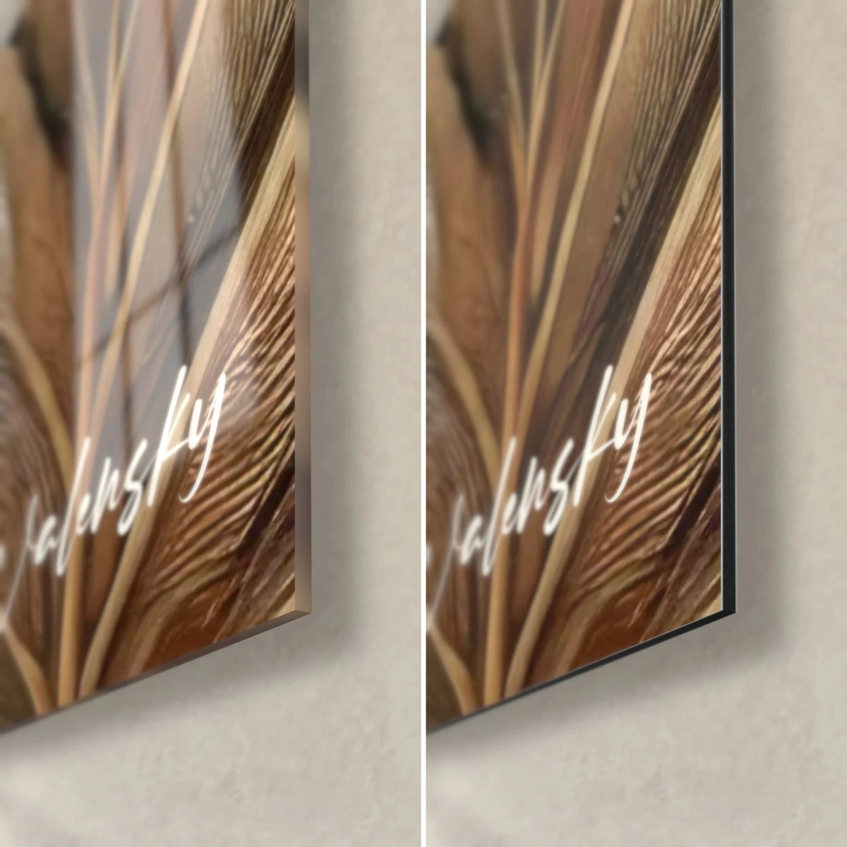 Wall art with golden brown veined palm leaves, bottom right corner: glossy acrylic glass on the left, matte Dibond aluminium on the right, 3 mm edge thickness