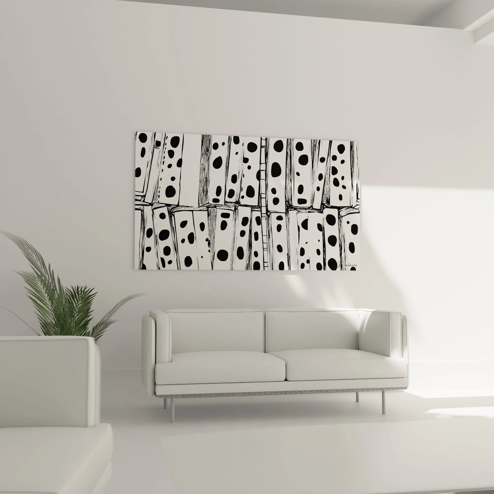 Tableau tacheté noir et blanc de Walensky accroché au mur dans un salon moderne