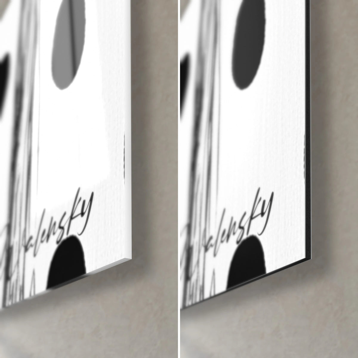 Quadro listelli bianchi a pois neri, angolo in basso a destra: vetro acrilico lucido che riflette la luce, alluminio Dibond opaco, spessore 3 mm