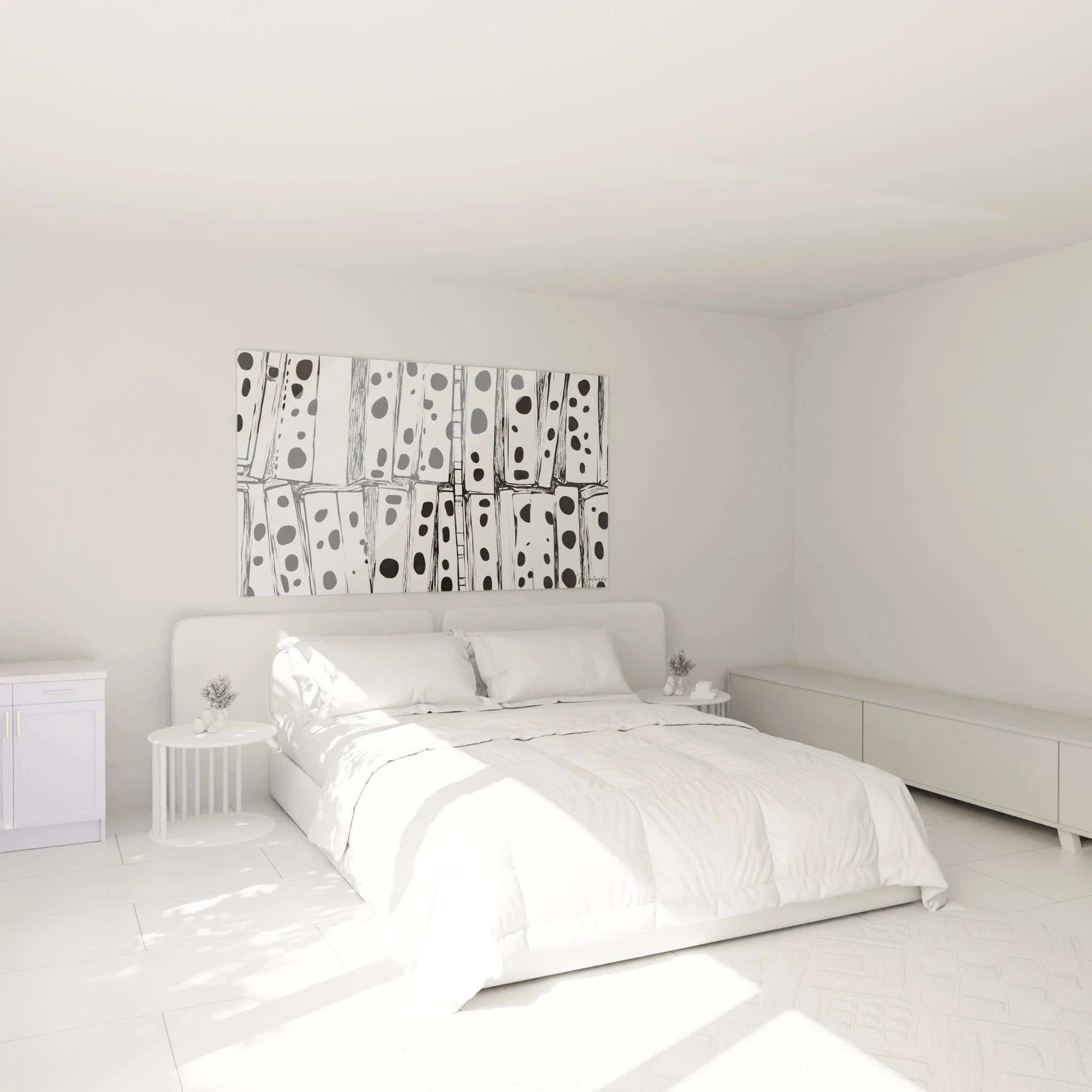Tableau tacheté noir et blanc de Walensky décorant une chambre moderne lumineuse