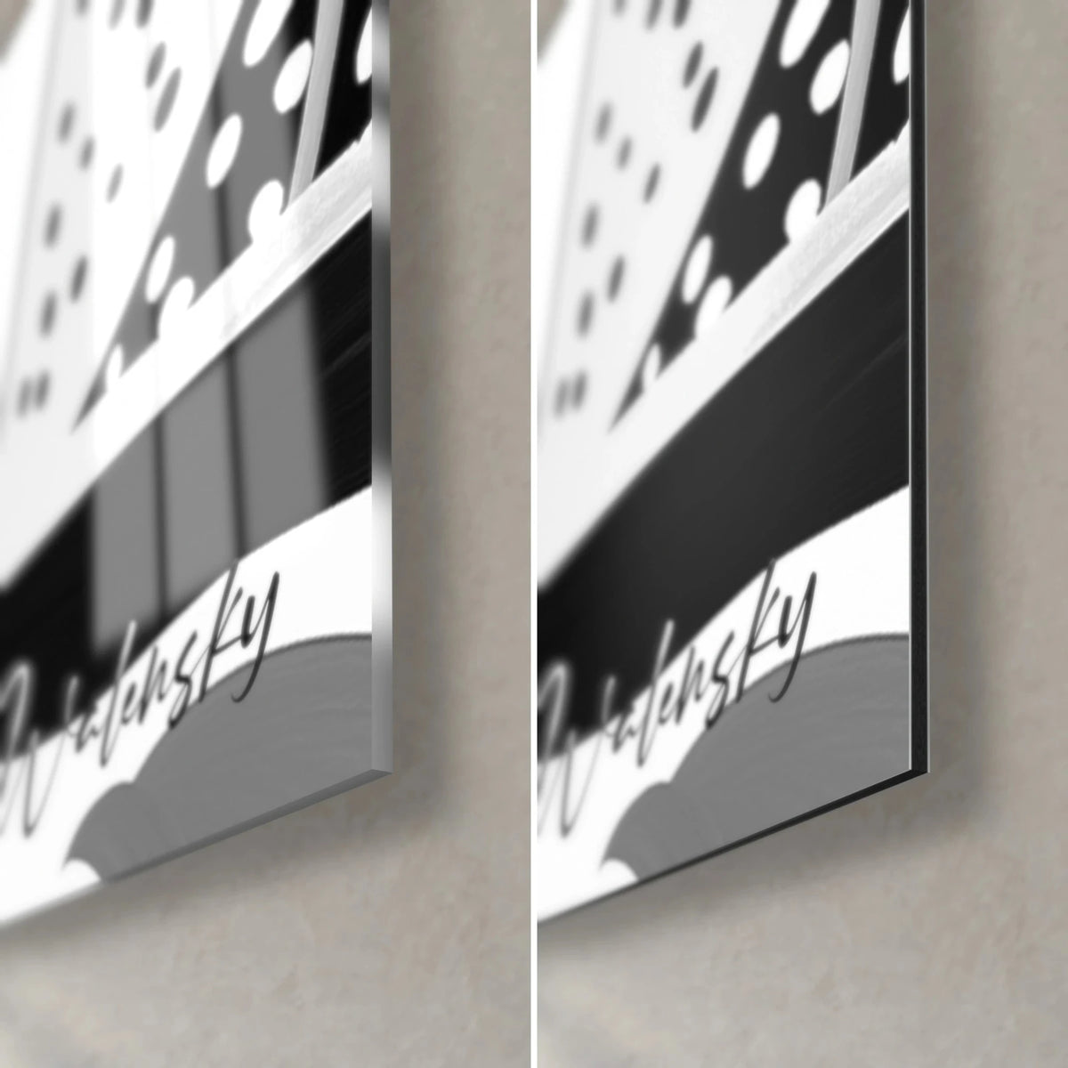 Cuadro de velas moteadas en blanco y negro, esquina inferior derecha: cristal acrílico brillante a la izquierda, aluminio Dibond mate a la derecha, canto de 3 mm