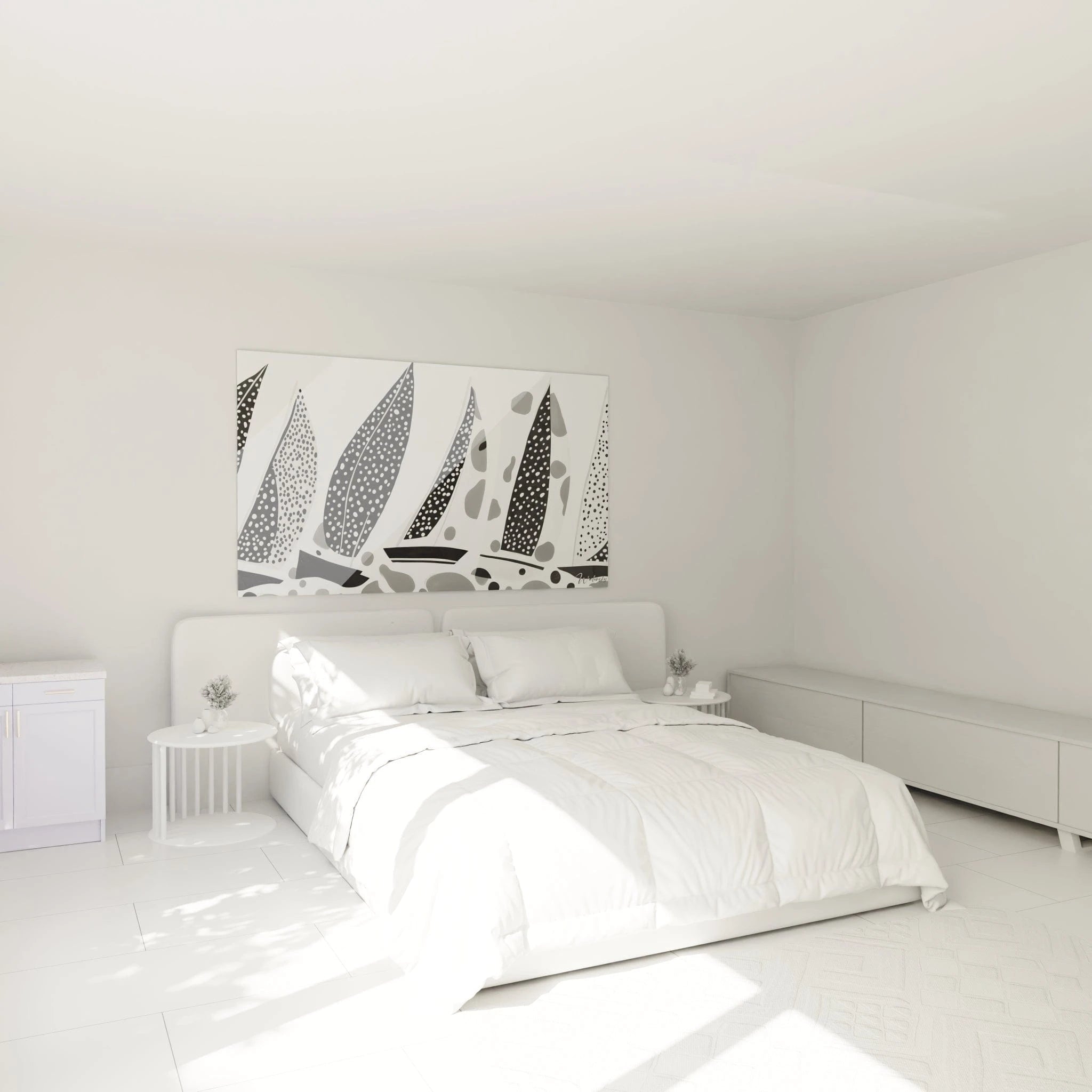 Tableau tacheté noir et blanc de Walensky ajoutant une touche moderne à une chambre minimaliste
