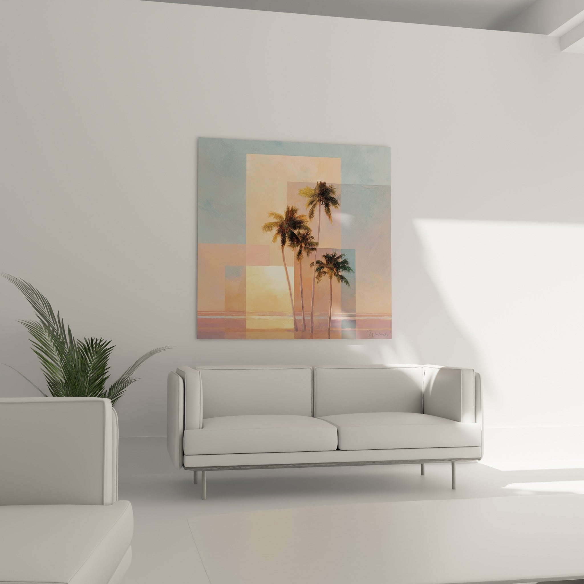 Silhouettes de palmiers verts sur fond rose pêche et bleu poudré, disposées au-dessus d'un canapé dans un salon lumineux