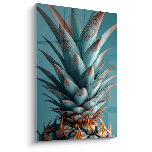 Tableau Ananas turquoise et cuivré aux feuilles pointues - Écailles texturées rapprochées - Edition Palmier