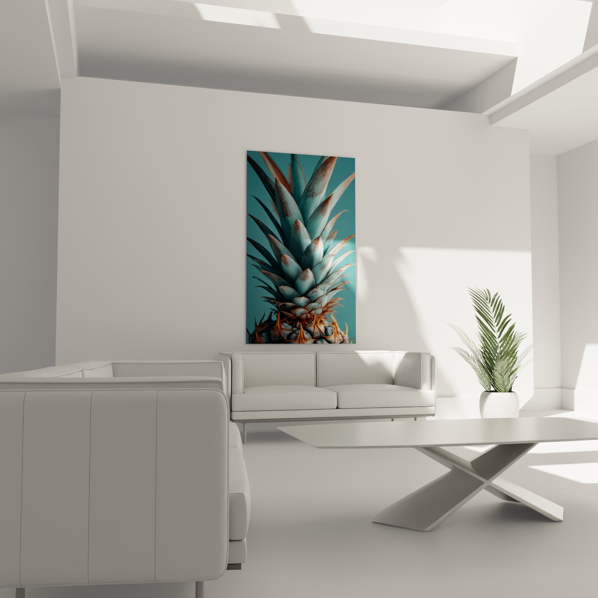Feuillage d'ananas texturé bleu-gris et orangé au-dessus d'un canapé dans un salon lumineux