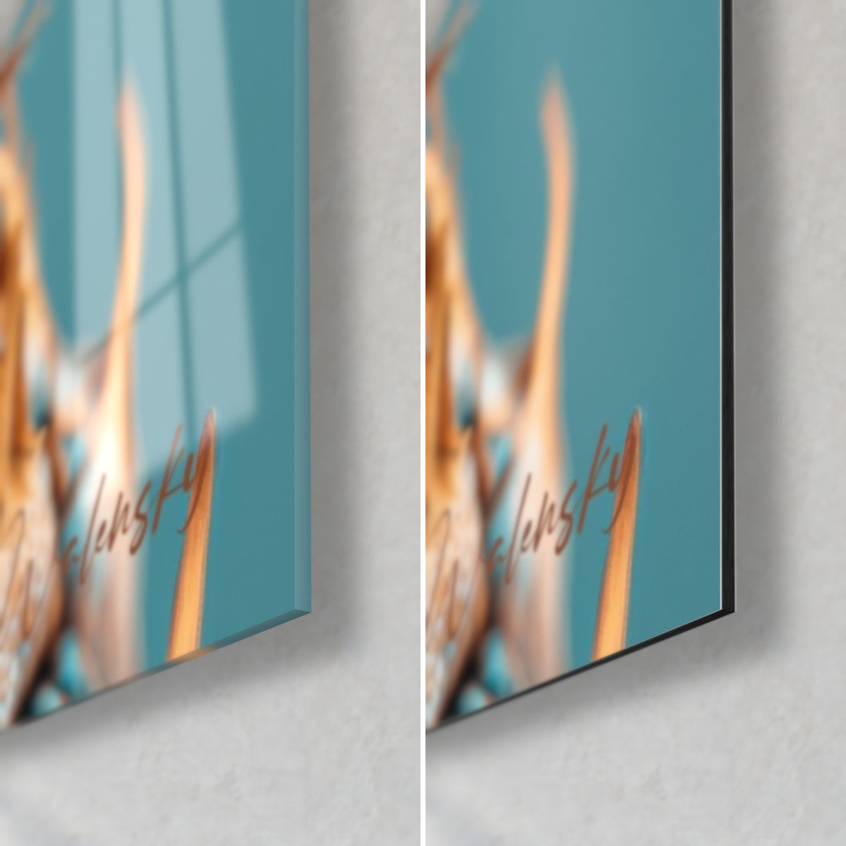 Tableau feuilles d'ananas bleu-vert et orange cuivré, coin bas droit : verre brillant à gauche, Dibond mat à droite