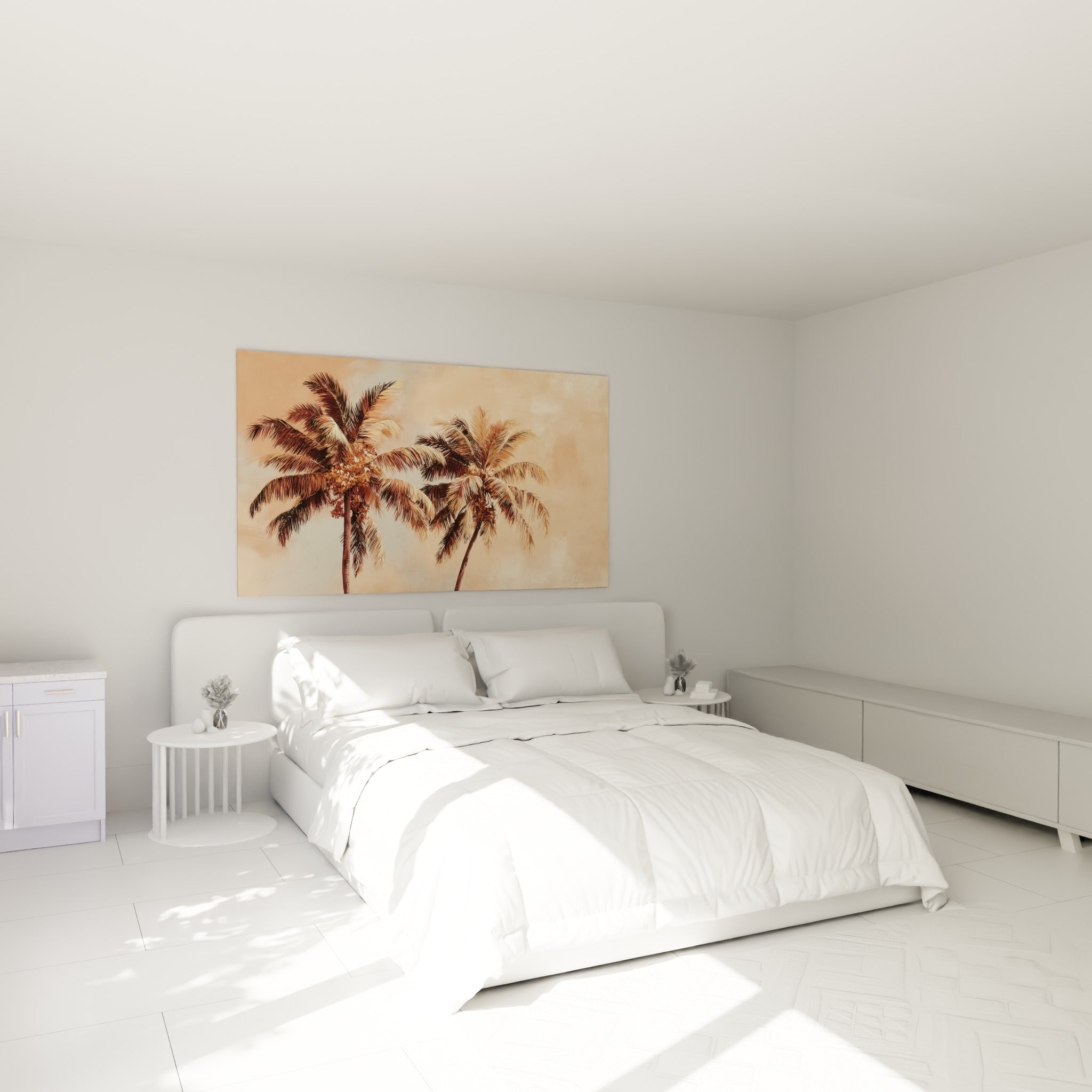 Silhouettes de palmiers pêche et ocre, tableau accroché au-dessus d'un lit dans une chambre claire