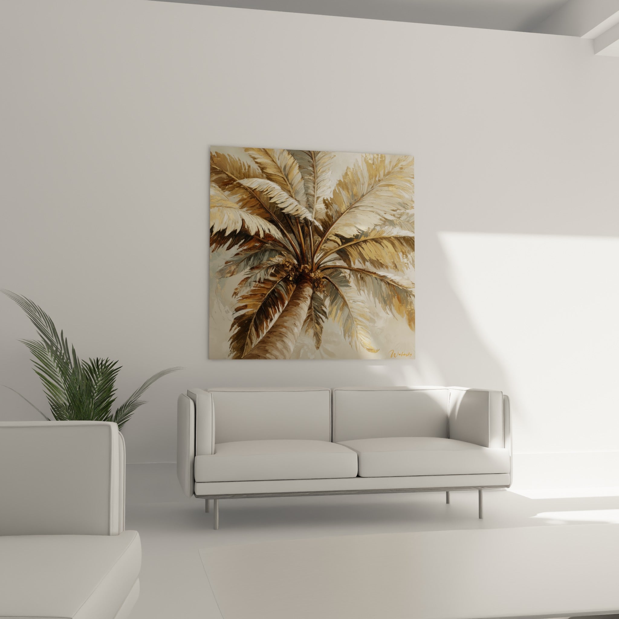 Palmes beige et anthracite d'un palmier stylisé, disposées au-dessus d'un canapé dans un salon lumineux