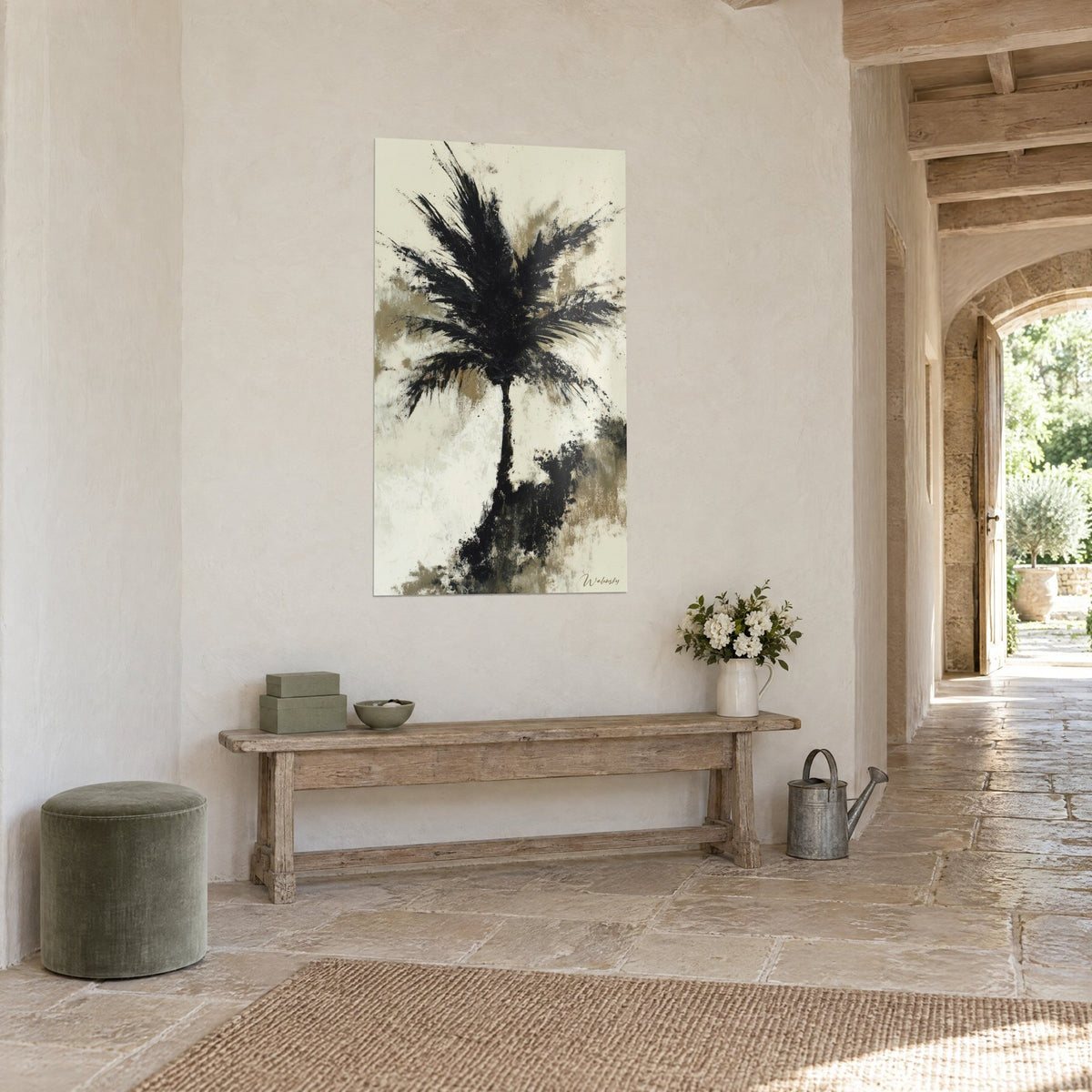 Wall art monochrome silhouette of a black ink palm on faded ivory taupe background, at the end of a stone corridor