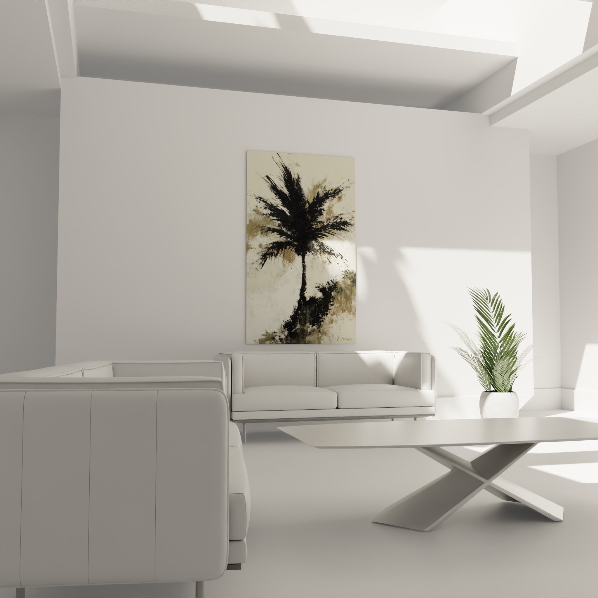 Gerbe de palmes noires sur fond beige sable au-dessus d'un canapé dans un salon lumineux