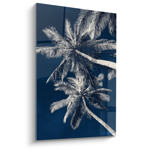 Tableau Palmiers bleu marine et blanc entrelacés - Reflets vitrés lumineux - Edition Palmier
