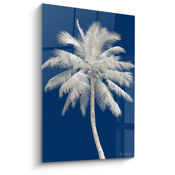 Tableau Palmier blanc et bleu marine au tronc incliné - Reflet vitré translucide - Edition Palmier
