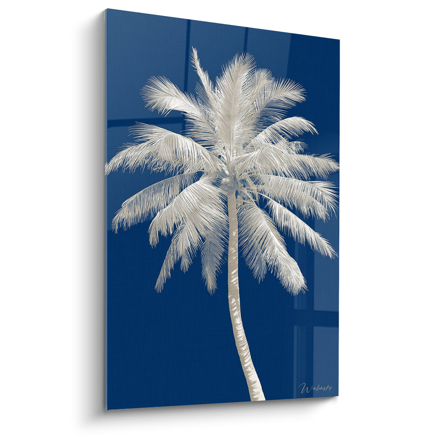 Tableau Palmier blanc et bleu marine au tronc incliné - Reflet vitré translucide - Edition Palmier