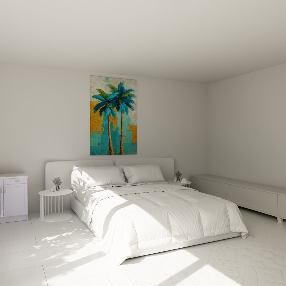 Deux palmiers bleu turquoise et ocre suspendus au-dessus d'un lit dans une chambre claire