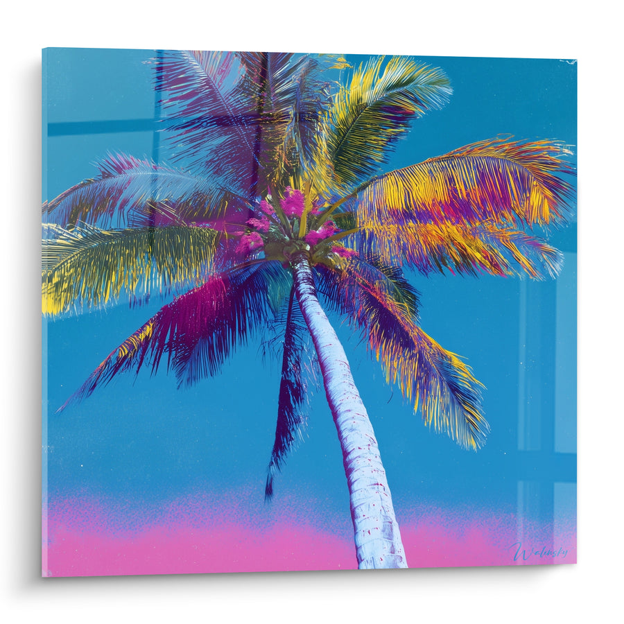 Tableau Palmier tronc blanc et bleu vif aux palmes multicolores - Dégradé rose horizon - Edition Palmier